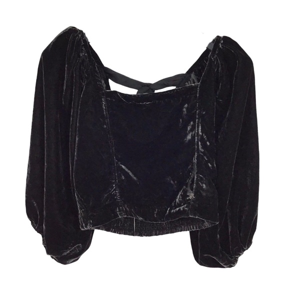Free People Maria Black Velvet Puff Sleeve Tie Back Crop Top Size XS - Picture 6 of 8